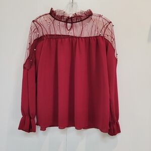 Christmas Burgundy Lace Top With Pearls